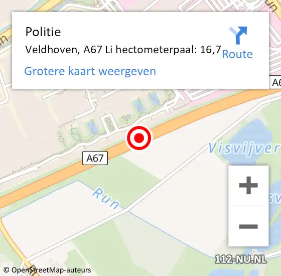 Locatie op kaart van de 112 melding: Politie Veldhoven, A67 Li hectometerpaal: 16,7 op 3 februari 2017 20:47