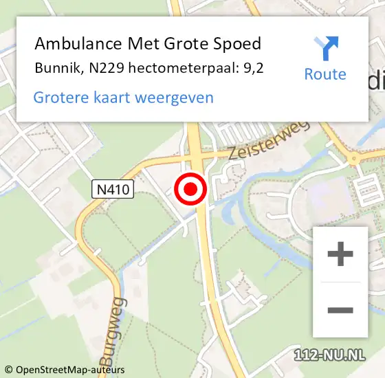 Locatie op kaart van de 112 melding: Ambulance Met Grote Spoed Naar Bunnik, N229 hectometerpaal: 9,2 op 5 februari 2017 19:08