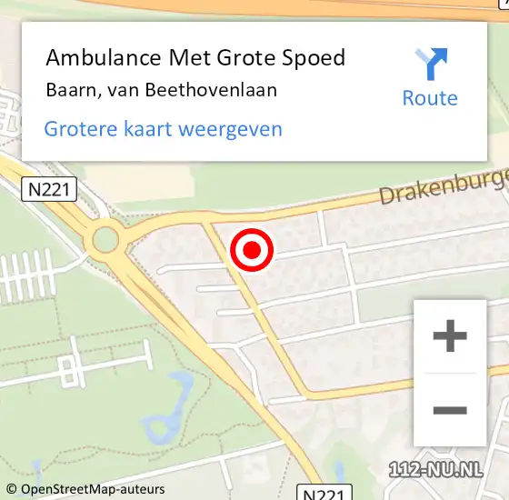 Locatie op kaart van de 112 melding: Ambulance Met Grote Spoed Naar Baarn, van Beethovenlaan op 5 februari 2017 19:43