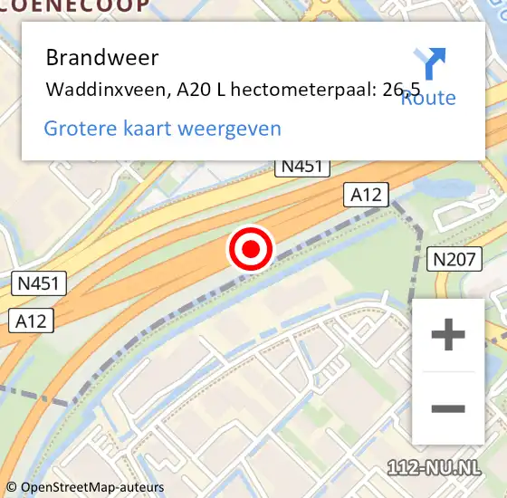 Locatie op kaart van de 112 melding: Brandweer Waddinxveen, A20 L hectometerpaal: 26,5 op 6 februari 2017 07:09