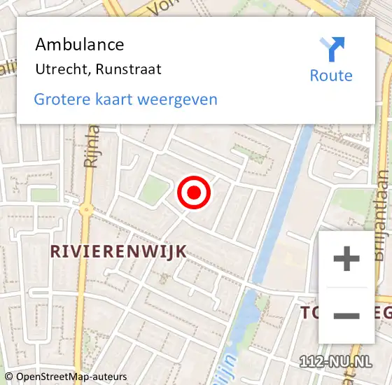 Locatie op kaart van de 112 melding: Ambulance Utrecht, Runstraat op 6 februari 2017 07:18