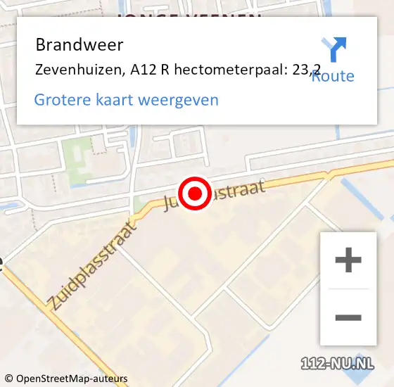 Locatie op kaart van de 112 melding: Brandweer Zevenhuizen, A12 L hectometerpaal: 23,2 op 6 februari 2017 14:34