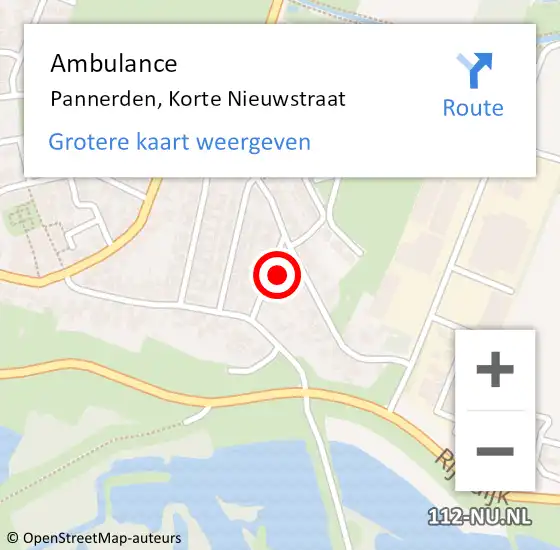 Locatie op kaart van de 112 melding: Ambulance Pannerden, Korte Nieuwstraat op 10 januari 2014 10:41