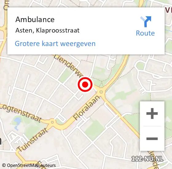 Locatie op kaart van de 112 melding: Ambulance Asten, Klaproosstraat op 8 februari 2017 14:57