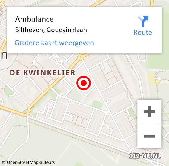 Locatie op kaart van de 112 melding: Ambulance Bilthoven, Goudvinklaan op 10 februari 2017 16:45