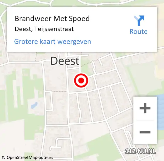 Locatie op kaart van de 112 melding: Brandweer Met Spoed Naar Deest, Teijssenstraat op 11 februari 2017 13:25