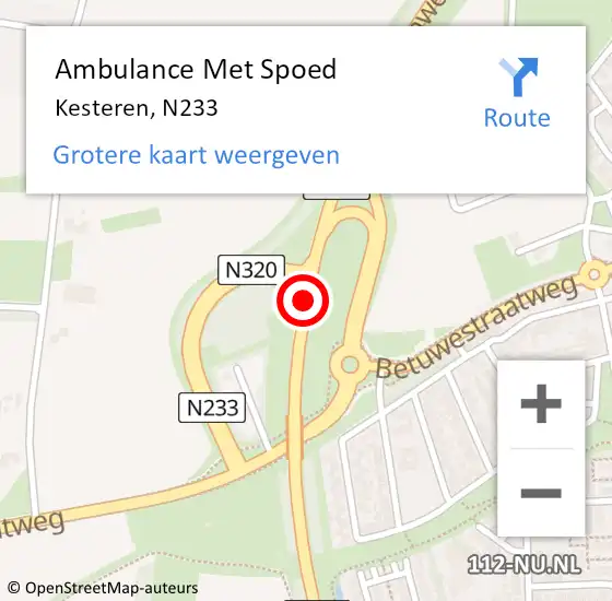 Locatie op kaart van de 112 melding: Ambulance Met Spoed Naar Kesteren, N233 op 11 februari 2017 13:31