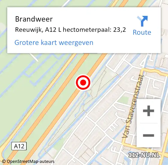 Locatie op kaart van de 112 melding: Brandweer Reeuwijk, A12 L hectometerpaal: 23,2 op 11 februari 2017 14:53
