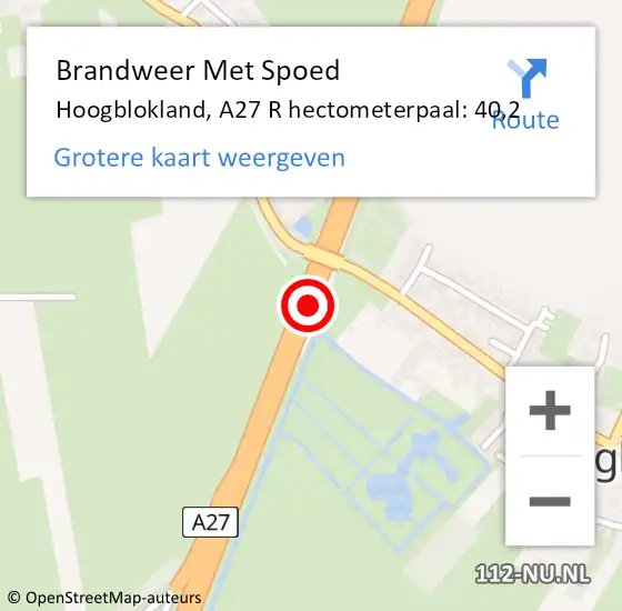 Locatie op kaart van de 112 melding: Brandweer Met Spoed Naar Hoogblokland, A27 L hectometerpaal: 41,3 op 11 februari 2017 16:31