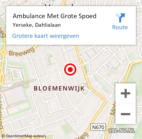 Locatie op kaart van de 112 melding: Ambulance Met Grote Spoed Naar Yerseke, Dahlialaan op 11 februari 2017 23:14