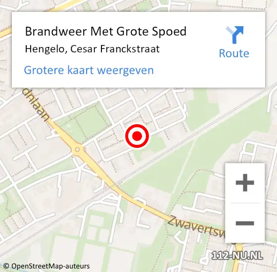 Locatie op kaart van de 112 melding: Brandweer Met Grote Spoed Naar Hengelo, Cesar Franckstraat op 12 februari 2017 05:56