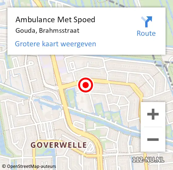 Locatie op kaart van de 112 melding: Ambulance Met Spoed Naar Gouda, Brahmsstraat op 10 januari 2014 21:12