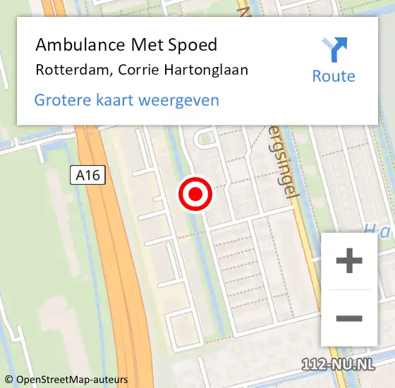 Locatie op kaart van de 112 melding: Ambulance Met Spoed Naar Rotterdam, Corrie Hartonglaan op 18 februari 2017 19:47