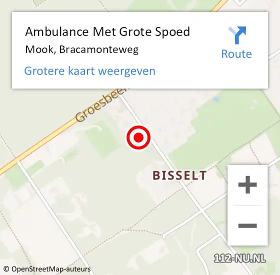 Locatie op kaart van de 112 melding: Ambulance Met Grote Spoed Naar Mook, Bracamonteweg op 21 februari 2017 20:53