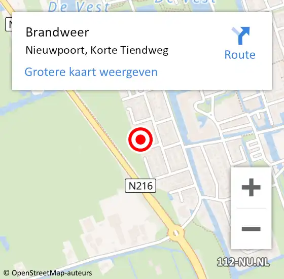 Locatie op kaart van de 112 melding: Brandweer Nieuwpoort, Korte Tiendweg op 22 februari 2017 12:20