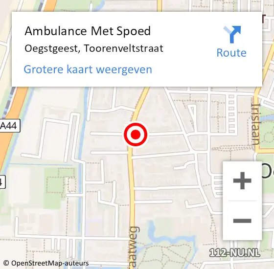 Locatie op kaart van de 112 melding: Ambulance Met Spoed Naar Oegstgeest, Toorenveltstraat op 22 februari 2017 13:09