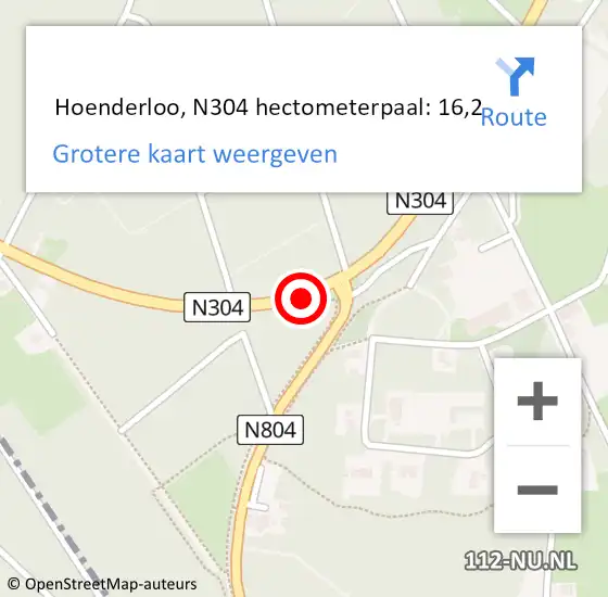 Locatie op kaart van de 112 melding:  Hoenderloo, N304 hectometerpaal: 16,2 op 23 februari 2017 15:33