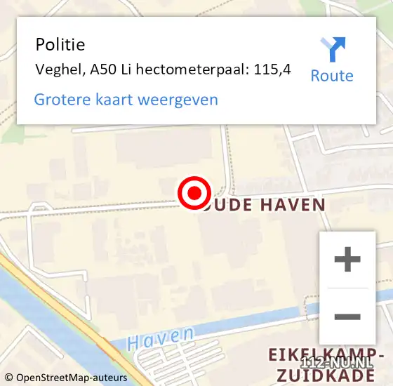 Locatie op kaart van de 112 melding: Politie Veghel, A50 Li hectometerpaal: 115,4 op 23 februari 2017 15:44