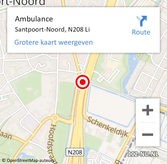 Locatie op kaart van de 112 melding: Ambulance Santpoort-Noord, N208 op 26 februari 2017 02:39