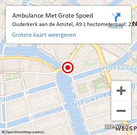 Locatie op kaart van de 112 melding: Ambulance Met Grote Spoed Naar Ouderkerk aan de Amstel, A9 L hectometerpaal: 21,0 op 1 maart 2017 05:37