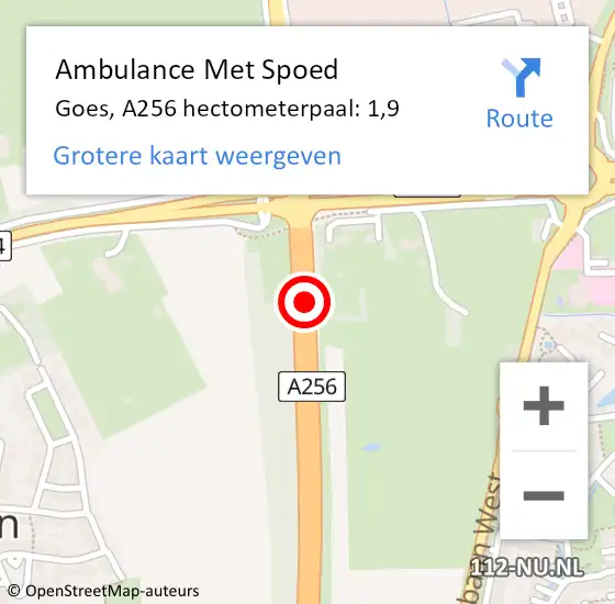 Locatie op kaart van de 112 melding: Ambulance Met Spoed Naar Goes, A256 hectometerpaal: 1,9 op 1 maart 2017 08:28