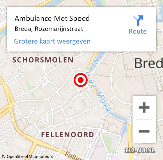 Locatie op kaart van de 112 melding: Ambulance Met Spoed Naar Breda, Rozemarijnstraat op 8 maart 2017 08:31