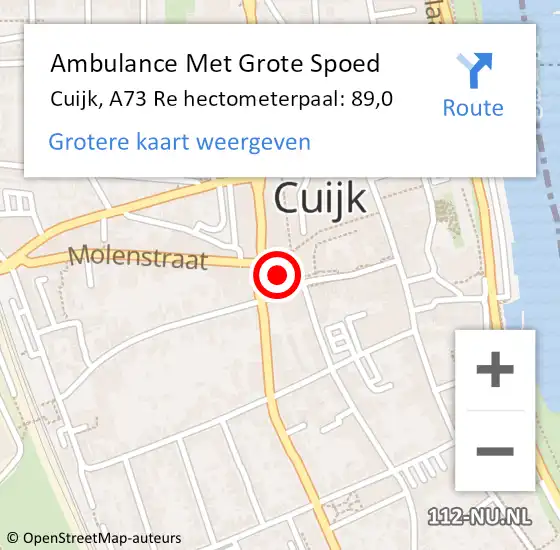 Locatie op kaart van de 112 melding: Ambulance Met Grote Spoed Naar Cuijk, A73 Re hectometerpaal: 89,0 op 9 maart 2017 07:19