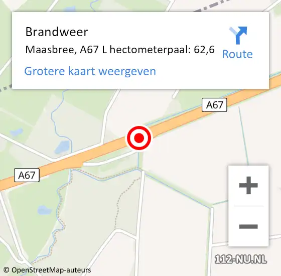 Locatie op kaart van de 112 melding: Brandweer Maasbree, A67 L hectometerpaal: 62,6 op 9 maart 2017 08:16