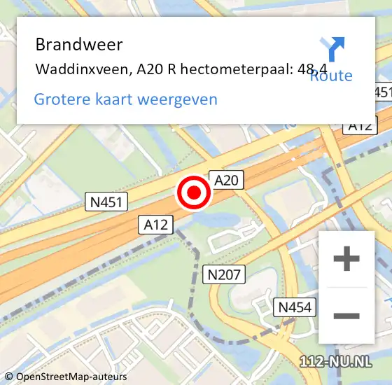 Locatie op kaart van de 112 melding: Brandweer Waddinxveen, A20 L hectometerpaal: 26,7 op 9 maart 2017 11:16