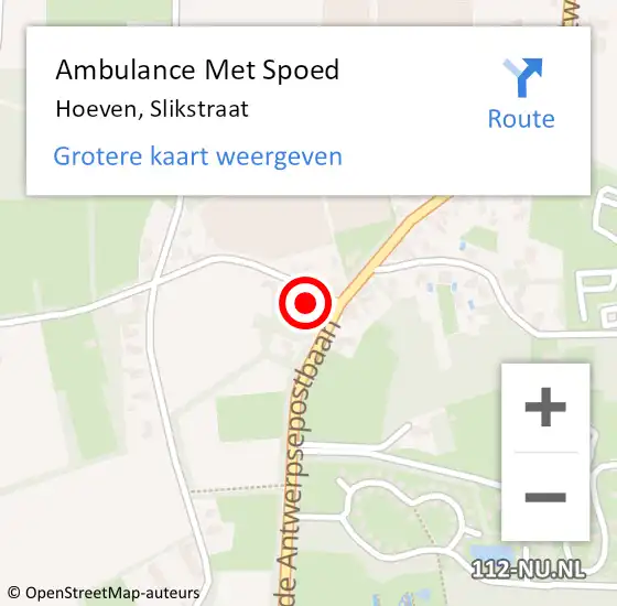 Locatie op kaart van de 112 melding: Ambulance Met Spoed Naar Hoeven, Slikstraat op 9 maart 2017 15:05