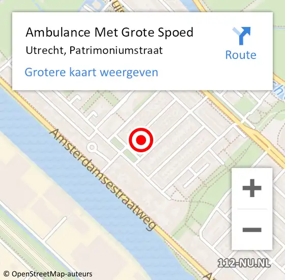 Locatie op kaart van de 112 melding: Ambulance Met Grote Spoed Naar Utrecht, Patrimoniumstraat op 10 maart 2017 17:58