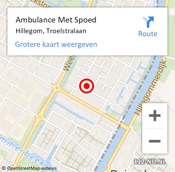 Locatie op kaart van de 112 melding: Ambulance Met Spoed Naar Hillegom, Troelstralaan op 11 maart 2017 04:28