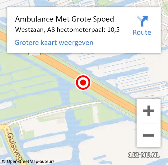 Locatie op kaart van de 112 melding: Ambulance Met Grote Spoed Naar Westzaan, A8 hectometerpaal: 10,5 op 11 maart 2017 11:26