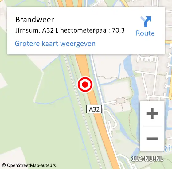 Locatie op kaart van de 112 melding: Brandweer Jirnsum, A32 L hectometerpaal: 70,3 op 13 maart 2017 08:06