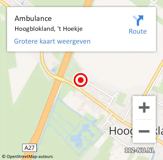 Locatie op kaart van de 112 melding: Ambulance Hoogblokland, 't Hoekje op 13 maart 2017 14:38