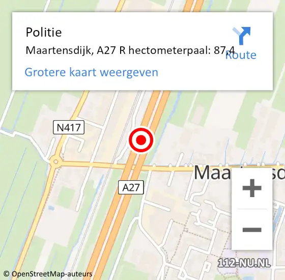 Locatie op kaart van de 112 melding: Politie Maartensdijk, A27 R hectometerpaal: 90,3 op 13 maart 2017 23:38