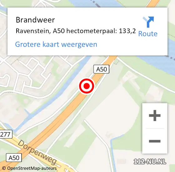 Locatie op kaart van de 112 melding: Brandweer Ravenstein, A50 hectometerpaal: 133,2 op 14 maart 2017 01:20