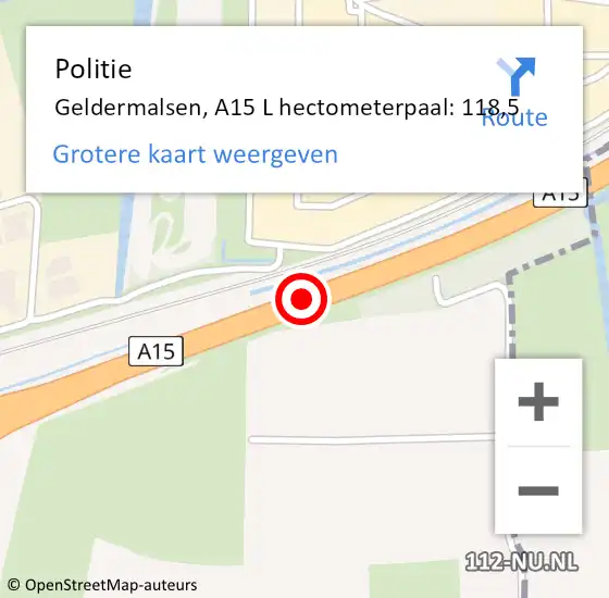Locatie op kaart van de 112 melding: Politie Geldermalsen, A15 R op 15 maart 2017 17:33