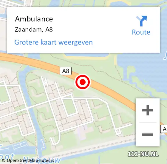 Locatie op kaart van de 112 melding: Ambulance Zaandam, A8 op 15 maart 2017 20:15