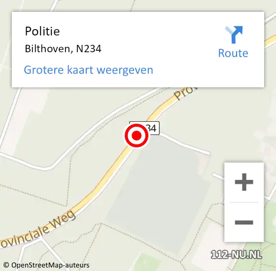 Locatie op kaart van de 112 melding: Politie Bilthoven, N234 op 16 maart 2017 08:19