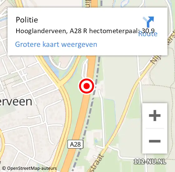 Locatie op kaart van de 112 melding: Politie Hooglanderveen, A28 R hectometerpaal: 30,4 op 16 maart 2017 15:18