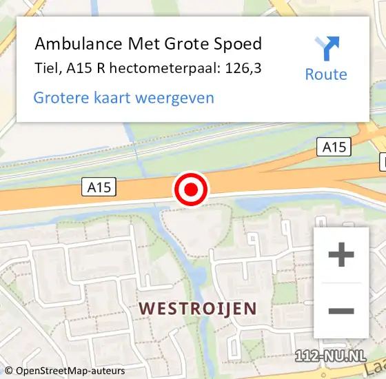 Locatie op kaart van de 112 melding: Ambulance Met Grote Spoed Naar Tiel, A15 L hectometerpaal: 129,2 op 20 maart 2017 07:10