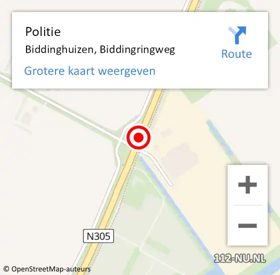 Locatie op kaart van de 112 melding: Politie Biddinghuizen, N305 hectometerpaal: 16,5 op 21 maart 2017 06:57