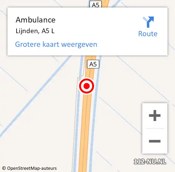 Locatie op kaart van de 112 melding: Ambulance Lijnden, A5 L op 23 maart 2017 06:56