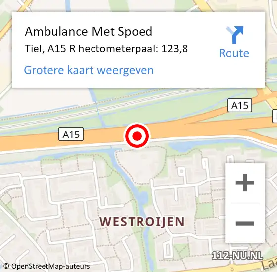 Locatie op kaart van de 112 melding: Ambulance Met Spoed Naar Tiel, A15 L hectometerpaal: 123,4 op 23 maart 2017 17:12