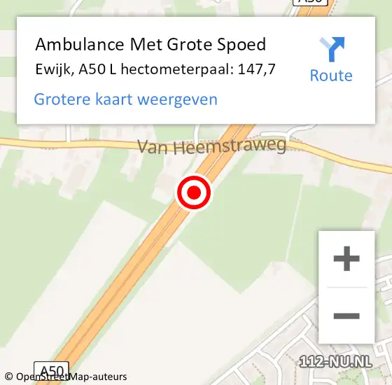 Locatie op kaart van de 112 melding: Ambulance Met Grote Spoed Naar Ewijk, A50 R hectometerpaal: 147,0 op 25 maart 2017 09:17