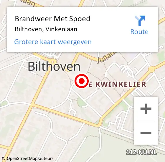 Locatie op kaart van de 112 melding: Brandweer Met Spoed Naar Bilthoven, Vinkenlaan op 26 maart 2017 16:53