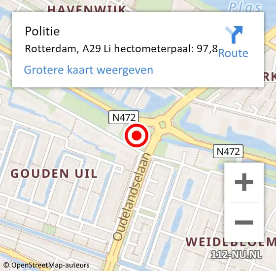Locatie op kaart van de 112 melding: Politie Rotterdam, A29 Li hectometerpaal: 97,8 op 27 maart 2017 11:18
