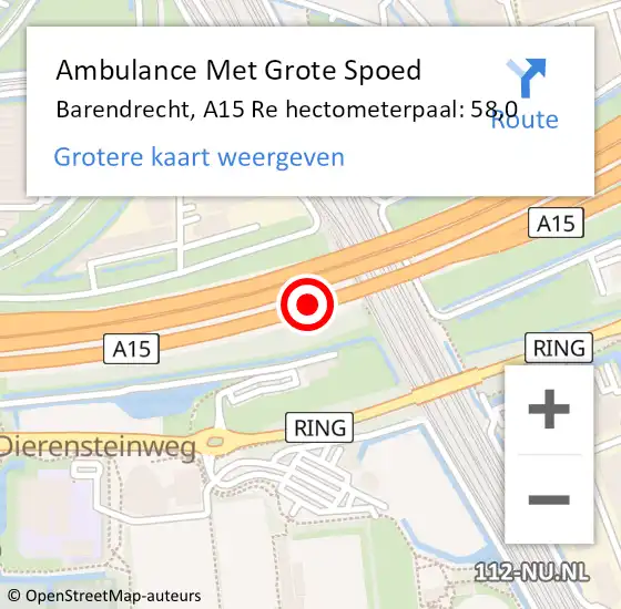 Locatie op kaart van de 112 melding: Ambulance Met Grote Spoed Naar Barendrecht, A15 R hectometerpaal: 59,9 op 28 maart 2017 17:11