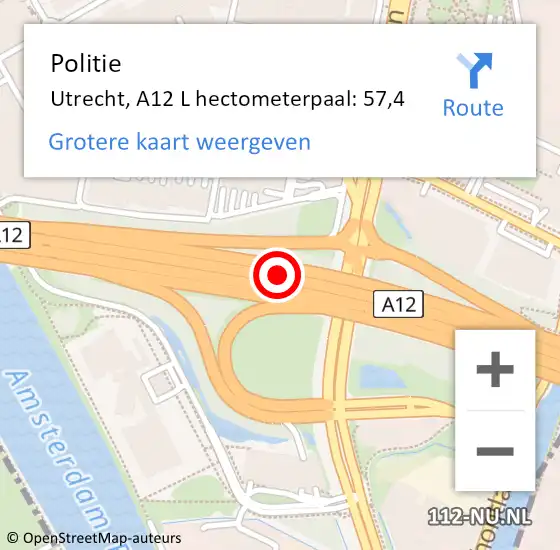 Locatie op kaart van de 112 melding: Politie Utrecht, A12 R hectometerpaal: 57,9 op 29 maart 2017 08:19